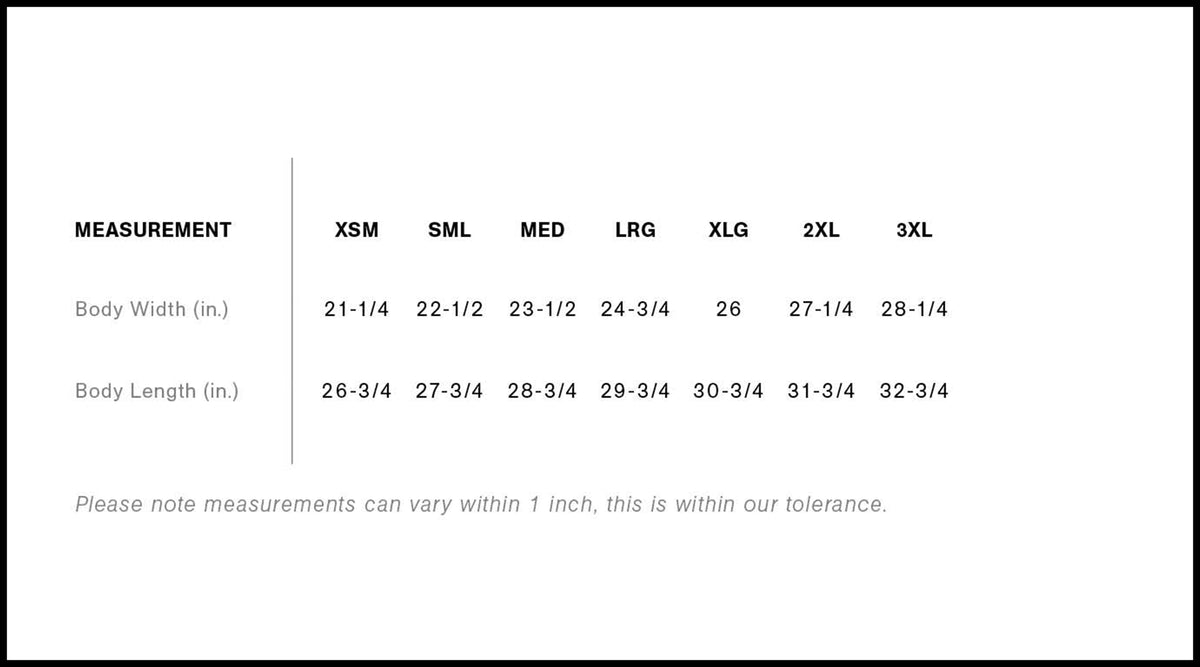 Size chart for Hoodville Hollywood Tee